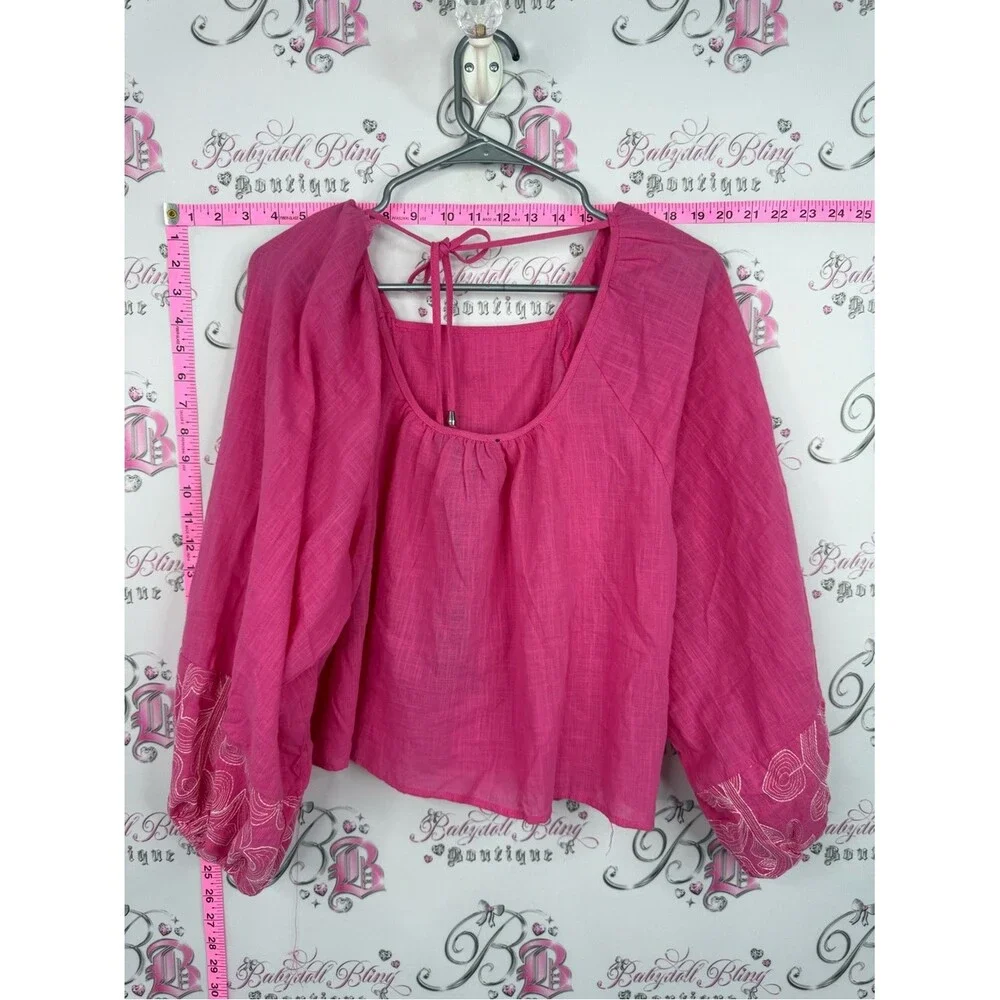 Rain top Embroidered Square-Neck Peasant Blouse in Fuchsia - Picture 2 of 12